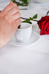 Image showing waiter serve fresh espresso for happy couple 