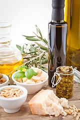 Image showing tatsty geen olives parmesan and olive oil 