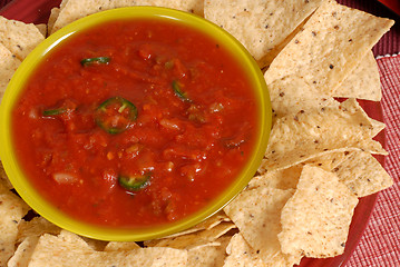 Image showing Pverhead view of a bowl of salsa with tortilla chips