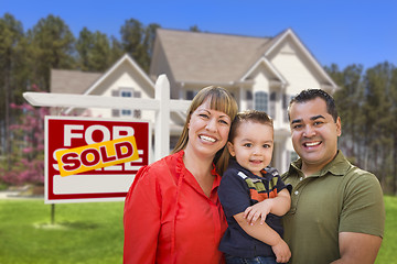 Image showing Family in Front of Sold Real Estate Sign and House