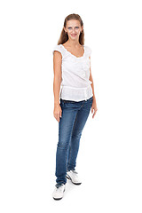 Image showing Full portrait of beautiful stylish girl in fashion stylish jeans