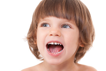 Image showing Studio portrait of a close-up of a girl with her mouth open with