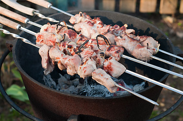 Image showing Shish kebab preparation on a brazier