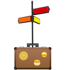 Image showing Street sign and travel suitcase. Tourism concept.