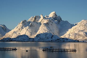 Image showing Fish farm and a mountain