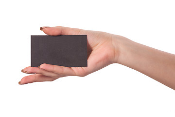 Image showing Businesswoman's hand holding blank business card