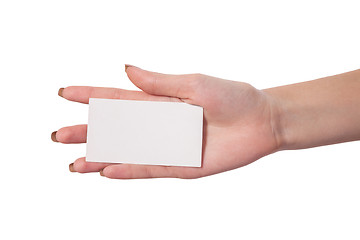 Image showing Businesswoman's hand holding blank business card