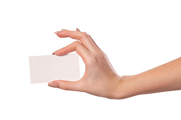 Image showing Businesswoman's hand holding blank business card