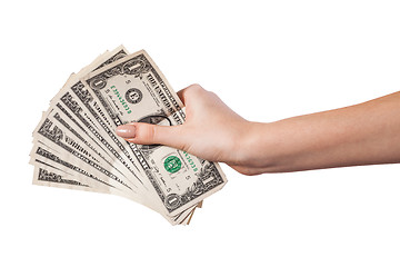 Image showing Female hand holding money dollars isolated on white background