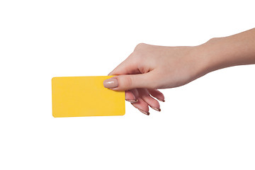 Image showing Businesswoman's hand holding blank business card