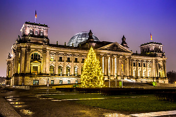 Image showing reichstag in berlin in winter at night with christmas tree