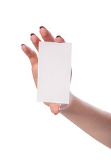 Image showing Businesswoman's hand holding blank business card