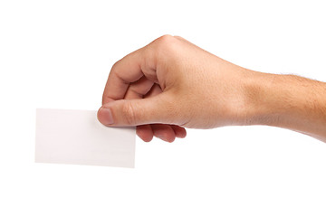 Image showing Businessman's hand holding blank business card