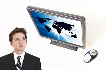 Image showing businessman and flat screen