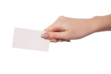 Image showing Businesswoman's hand holding blank business card