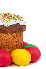 Image showing easter bread and eggs colored beautiful on white background
