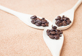 Image showing Roast coffee bean in wood spoons 