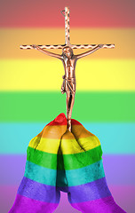 Image showing Old woman with catholic crucifix, isolated, rainbow flag pattern