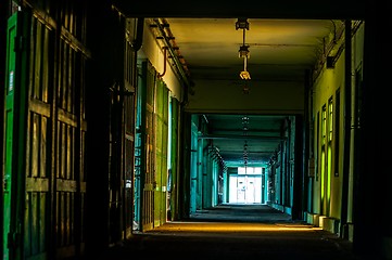 Image showing Industrial corridor with strange lights