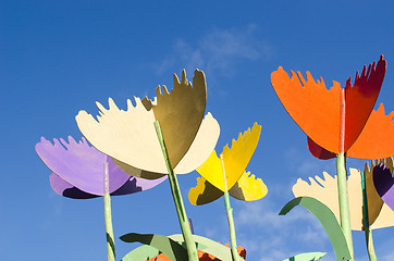 Image showing colorful design decor tulips plywood wood blue sky 