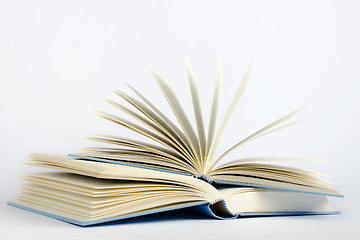 Image showing Two open blue books on a light blue background