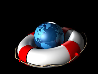 Image showing Life Buoy and Earth globe on a black background 