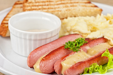 Image showing sausages with cheese and omelette