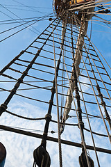 Image showing Mast and rigging of an old sailing vessel 