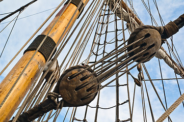 Image showing Mast and rigging of an old sailing vessel 