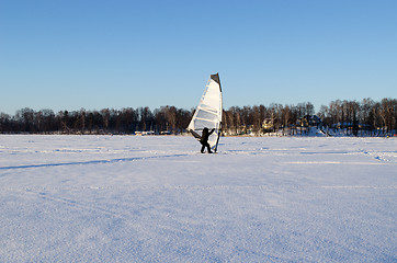 Image showing ice surfer man wind sail frozen lake winter sport 