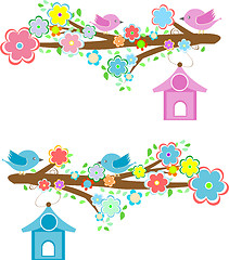 Image showing Cards with couples of birds sitting on branches and birdhouses