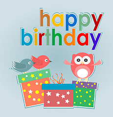 Image showing birthday party card with cute owl, birds and gift boxes - happy birthday