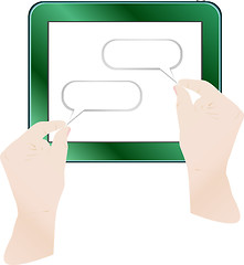 Image showing hands are holding and point tablet pc with cloudscape on screen