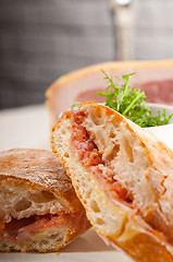 Image showing ciabatta panini sandwich with parma ham and tomato