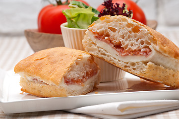 Image showing ciabatta panini sandwich with parma ham and tomato