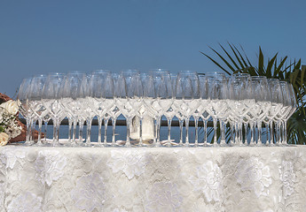 Image showing Glasses on a catering setting table