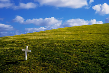 Image showing Bright white cross on grassy background.