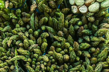 Image showing Bunches of asparagus on display at the farmers market