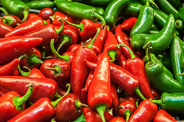 Image showing Delicious fresh green and red chili fruit on display at supermar