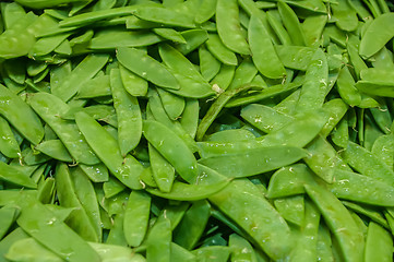 Image showing Freshly harvested peas on display at the farmers market