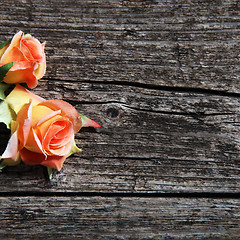 Image showing Orange coloured roses on wooden planks