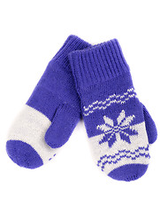 Image showing pair of knitted mittens with pattern snowflake