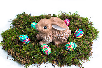 Image showing Easter Decoration: Painted Eggs and Rabbit on Moss