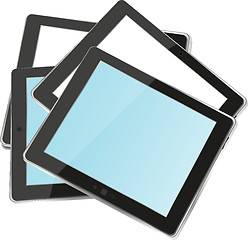 Image showing different colored vertical tablet pc set with copyspace on the screen