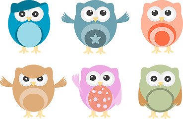 Image showing Set of six cartoon owls with various emotions