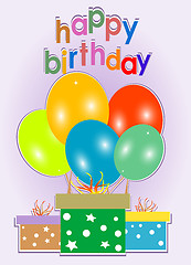 Image showing Birthday card. Celebration red background with gift boxes