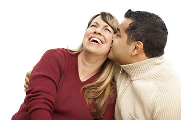 Image showing Attractive Mixed Race Couple Kissing on White