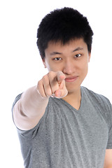 Image showing Asian man pointing an accusatory finger