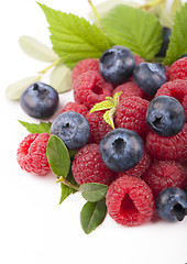 Image showing Many blueberries & raspberries.