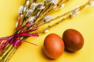 Image showing  bunch of willow branches and two Easter eggs 